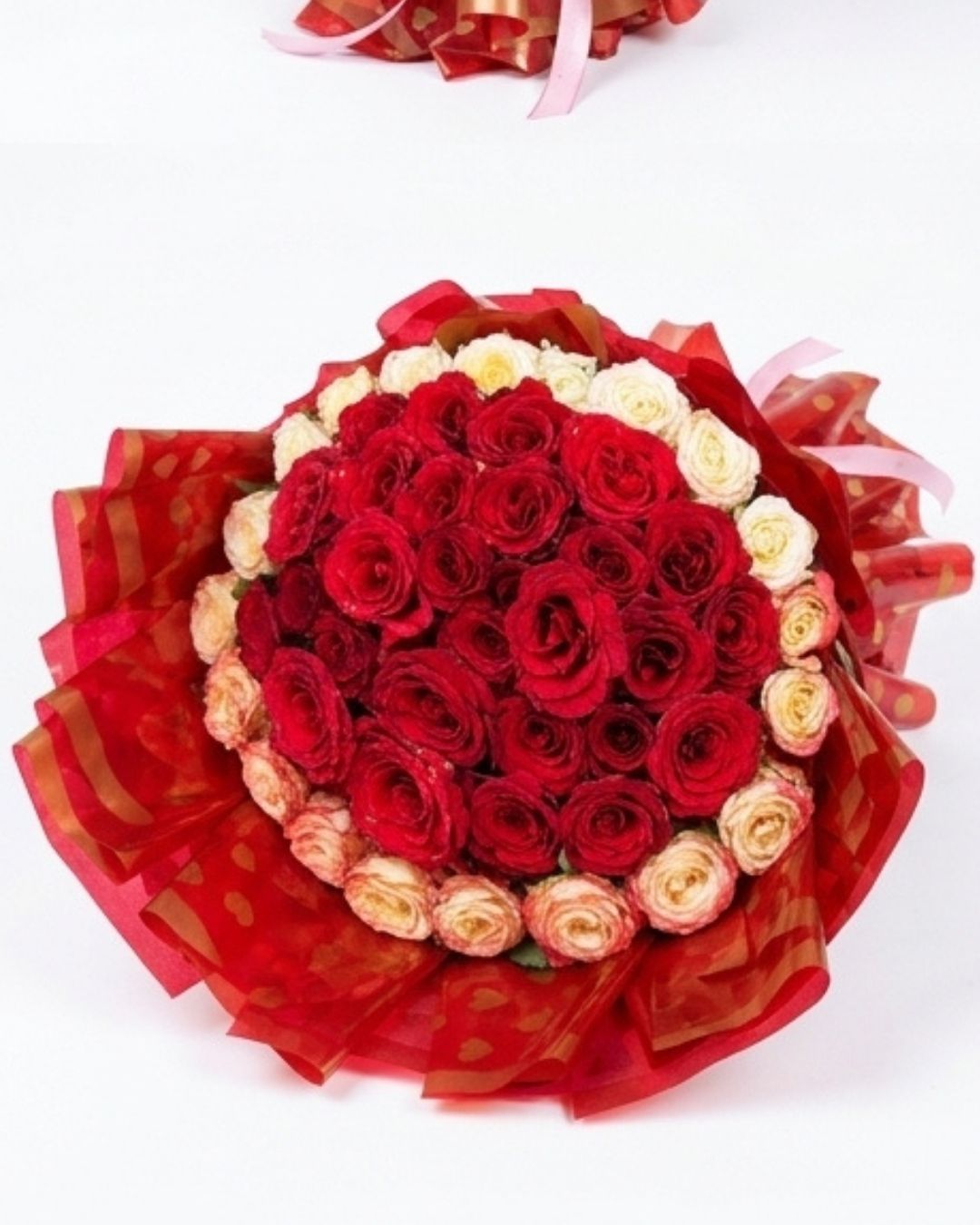 Crimson & Ivory Two-Tone Luxury Rose Bouquet detail 3