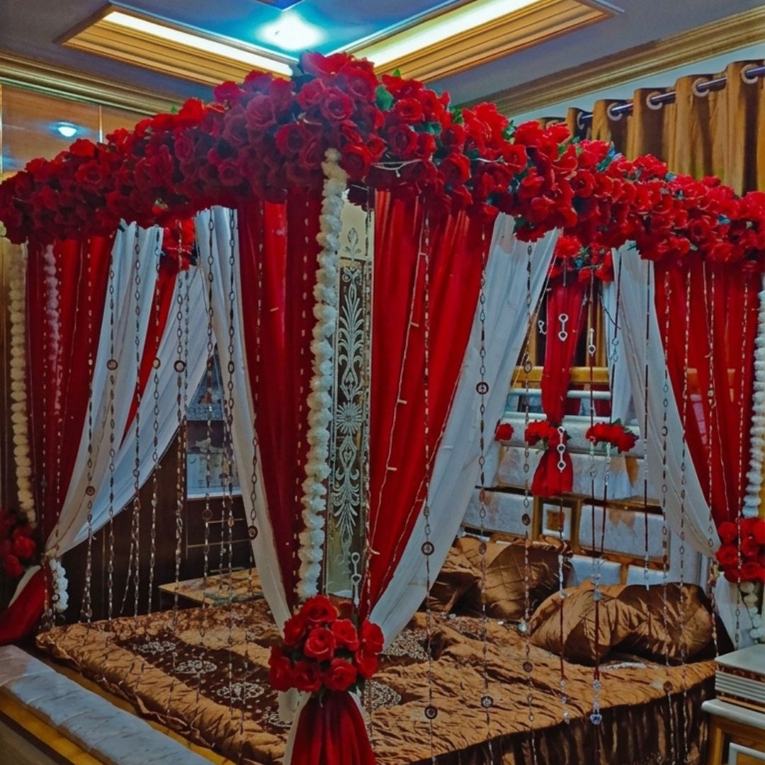 Premium Artificial Red Rose Masehri Wedding Bed Decoration with Draped Canopy