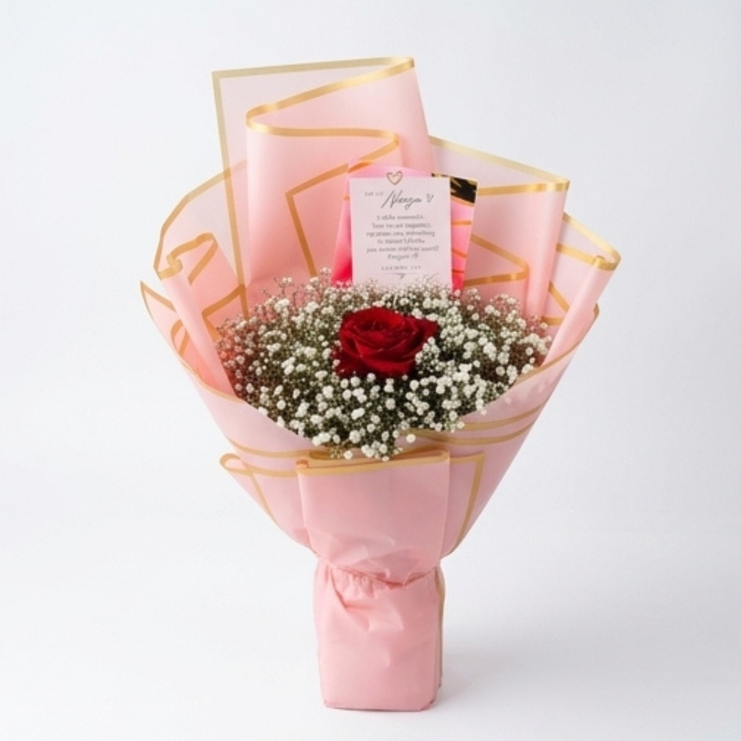 Eternal Romance Single Red Rose & Baby’s Breath Bouquet detail 2