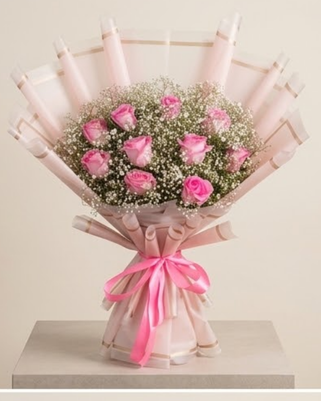 Pink Serenade Rose & Baby's Breath 4-View Luxury Bouquet — Fresh Flowers by Aligoraya Flowers Market, Lahore