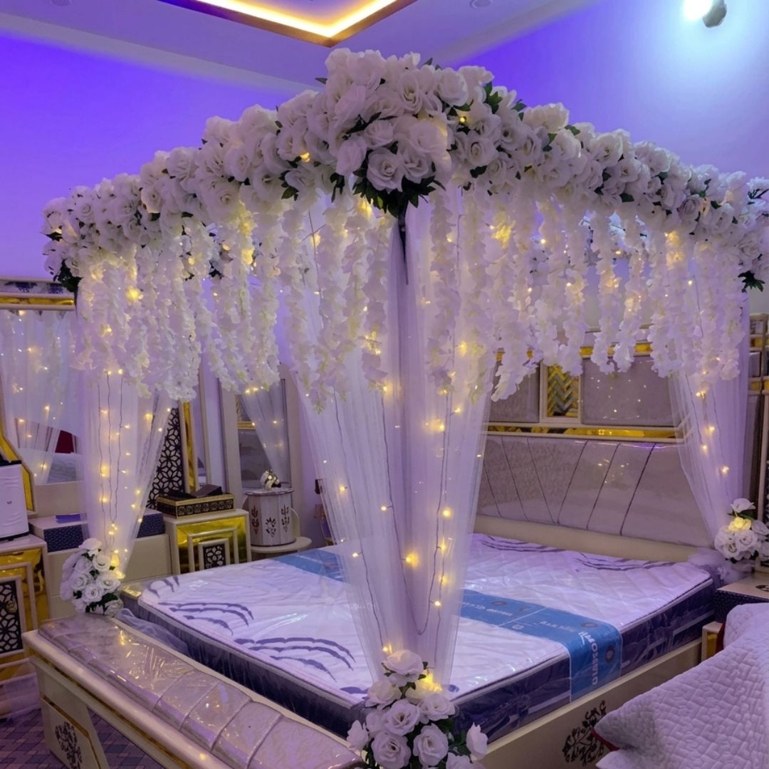 Luxury Artificial Floral Masehri & Bridal Room Setup | White Roses & Fairy Lights