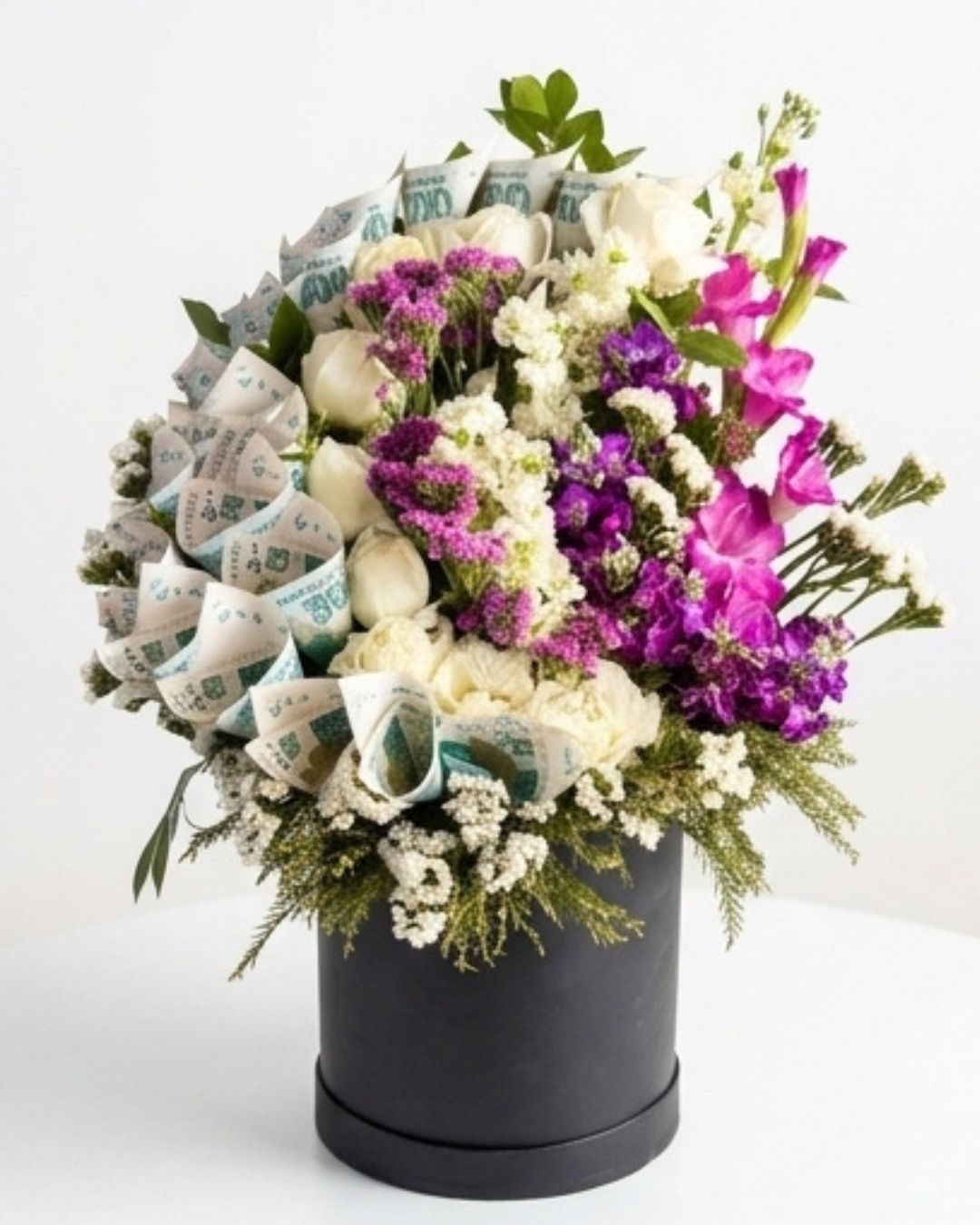 Majestic Noir Cash & Mixed Floral Luxury Hat Box — Fresh Flowers by Aligoraya Flowers Market, Lahore