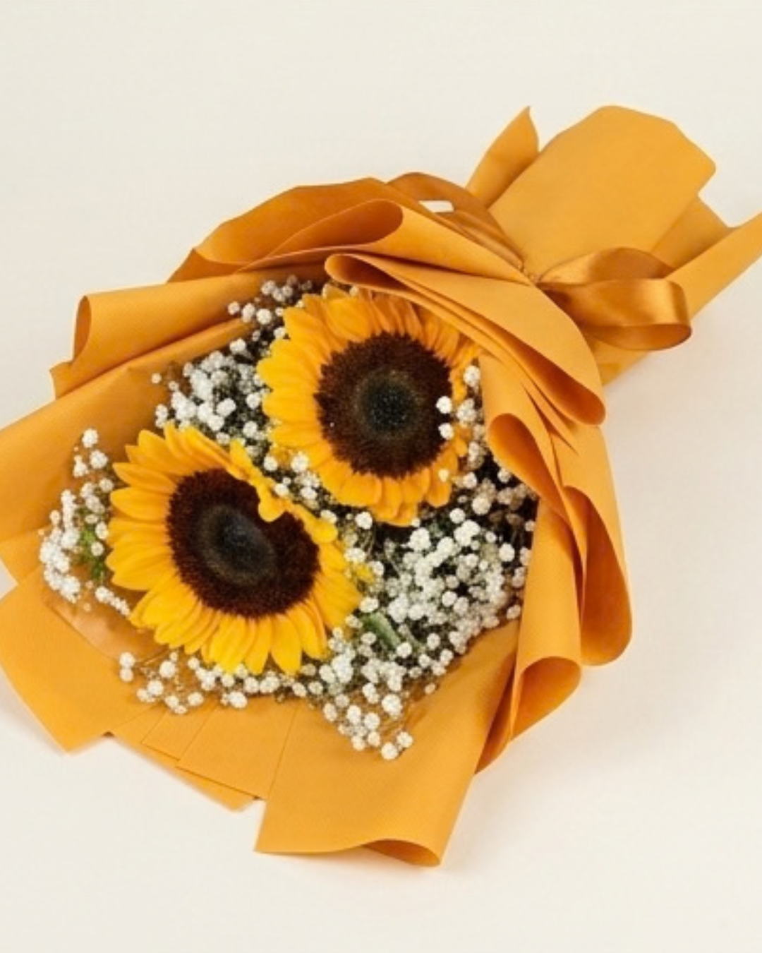 Sunflower and Baby's Breath Floral Bouquet with Mustard Yellow Wrapping detail 4