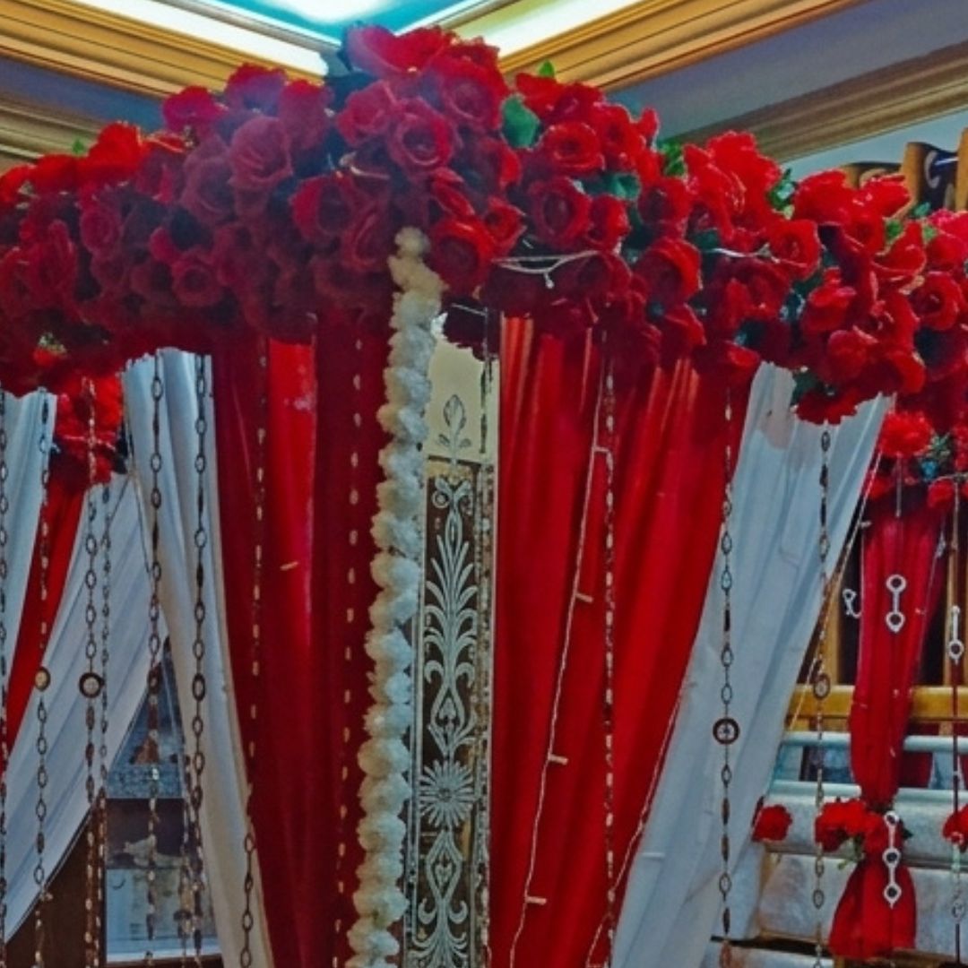 Premium Artificial Red Rose Masehri Wedding Bed Decoration with Draped Canopy
