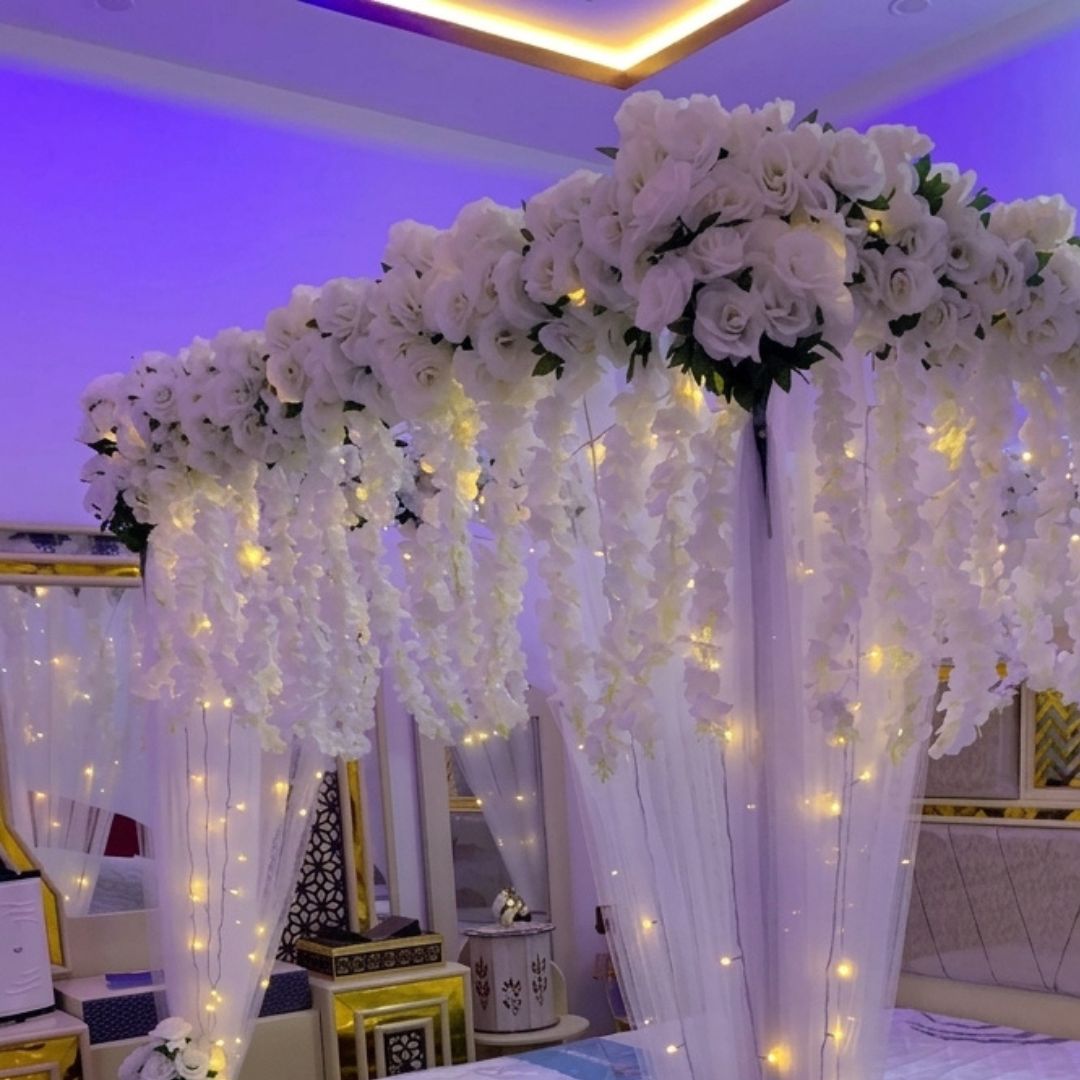 Luxury Artificial Floral Masehri & Bridal Room Setup | White Roses & Fairy Lights