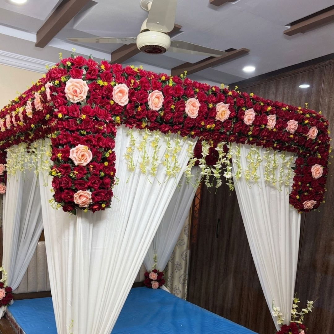 Premium Artificial Red & Peach Rose Masehri Wedding Bed Decoration with Draped Canopy