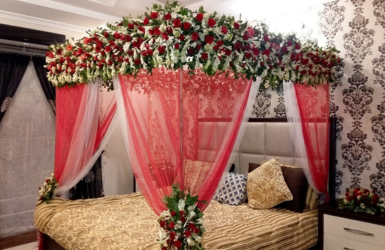 : Luxury Canopy Fresh & Artificial Flower Masehri Bridal Bed Decor — Bridal Room by Aligoraya Flowers Market