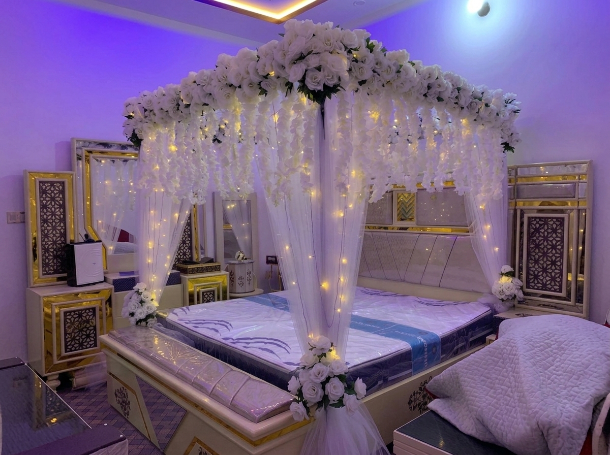 Luxury Artificial Floral Masehri & Bridal Room Setup | White Roses & Fairy Lights — Bridal Room by Aligoraya Flowers Market