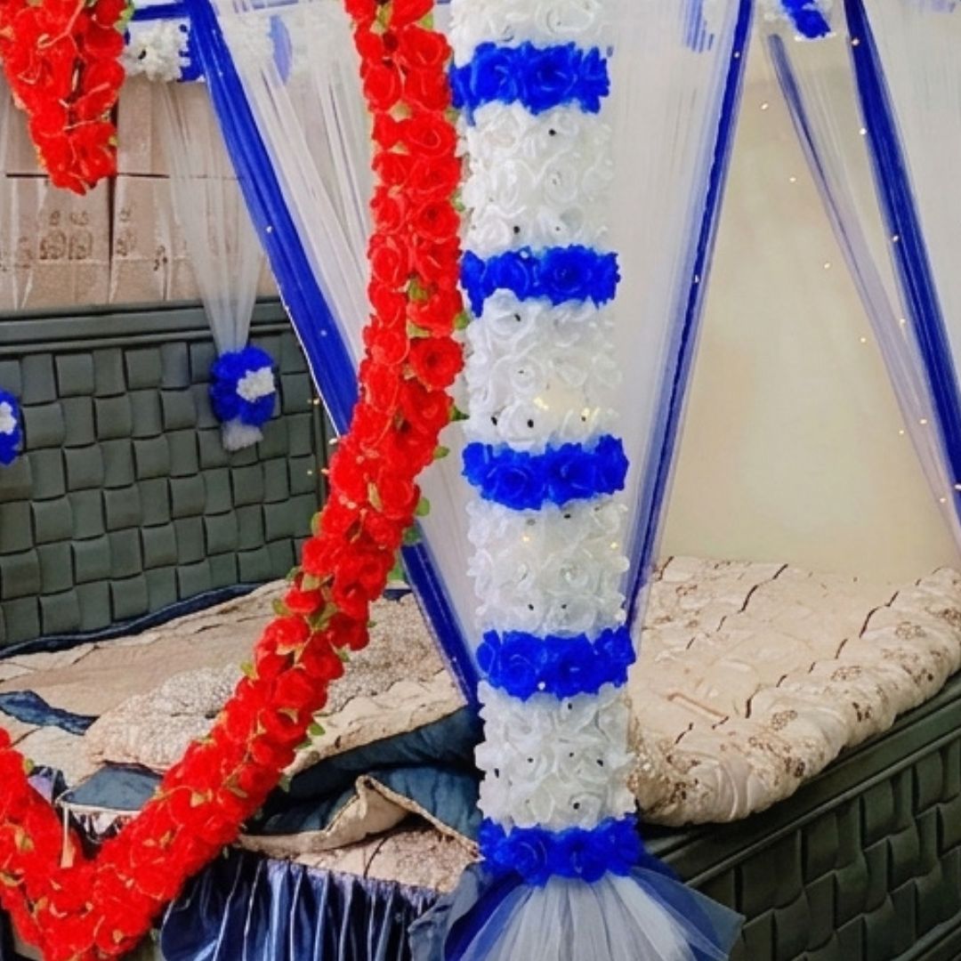 Royal Red, White & Blue Artificial Flower Canopy Masheri Bed Setup for Wedding & Bridal Room