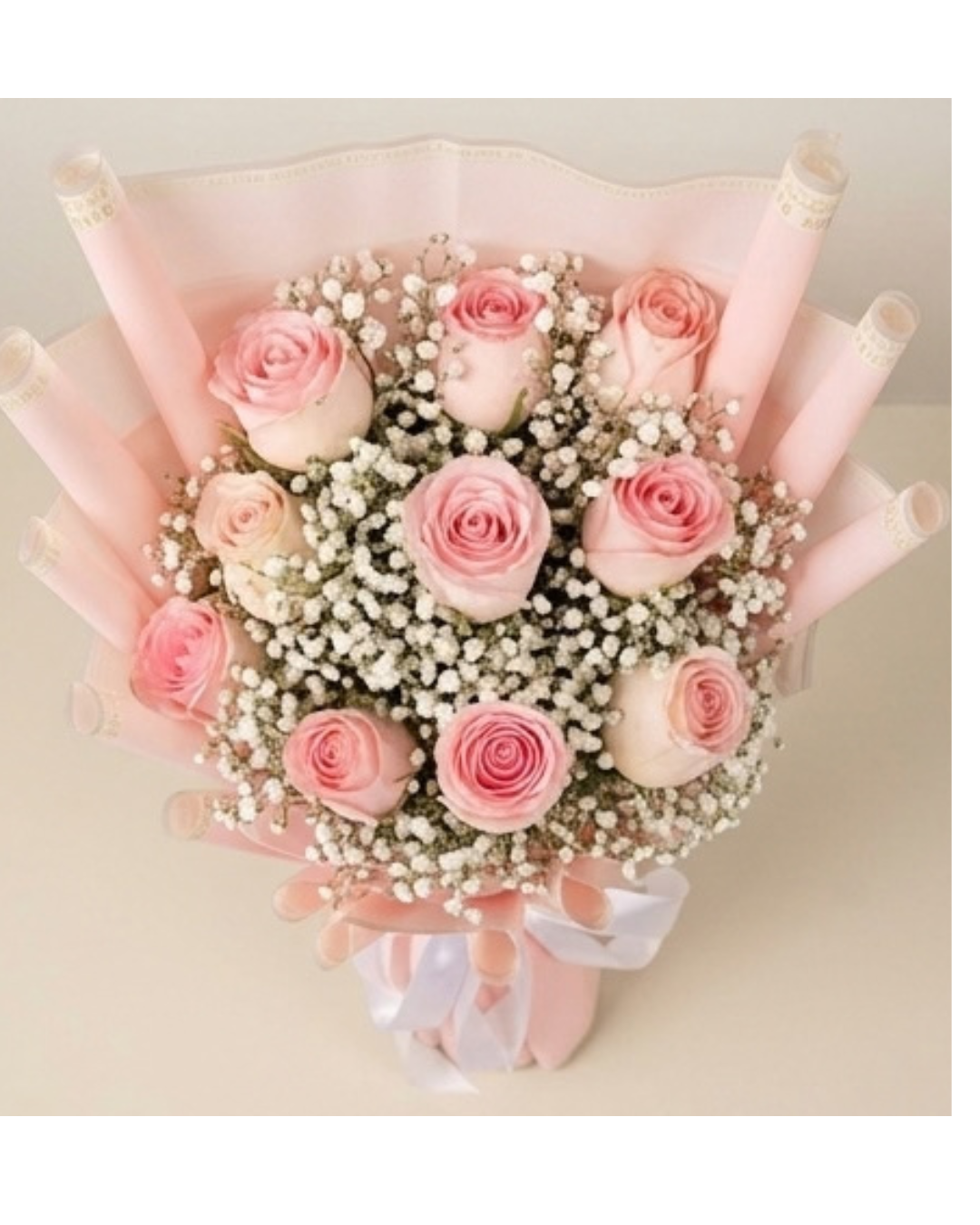 Soft Pink Rose and Baby's Breath Floral Bouquet with Pink Wrapping detail 4