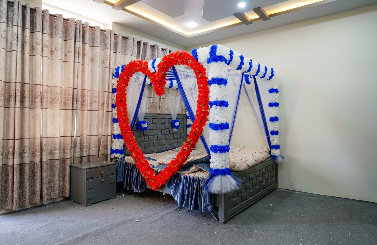 Royal Red, White & Blue Artificial Flower Canopy Masheri Bed Setup for Wedding & Bridal Room — Bridal Room by Aligoraya Flowers Market
