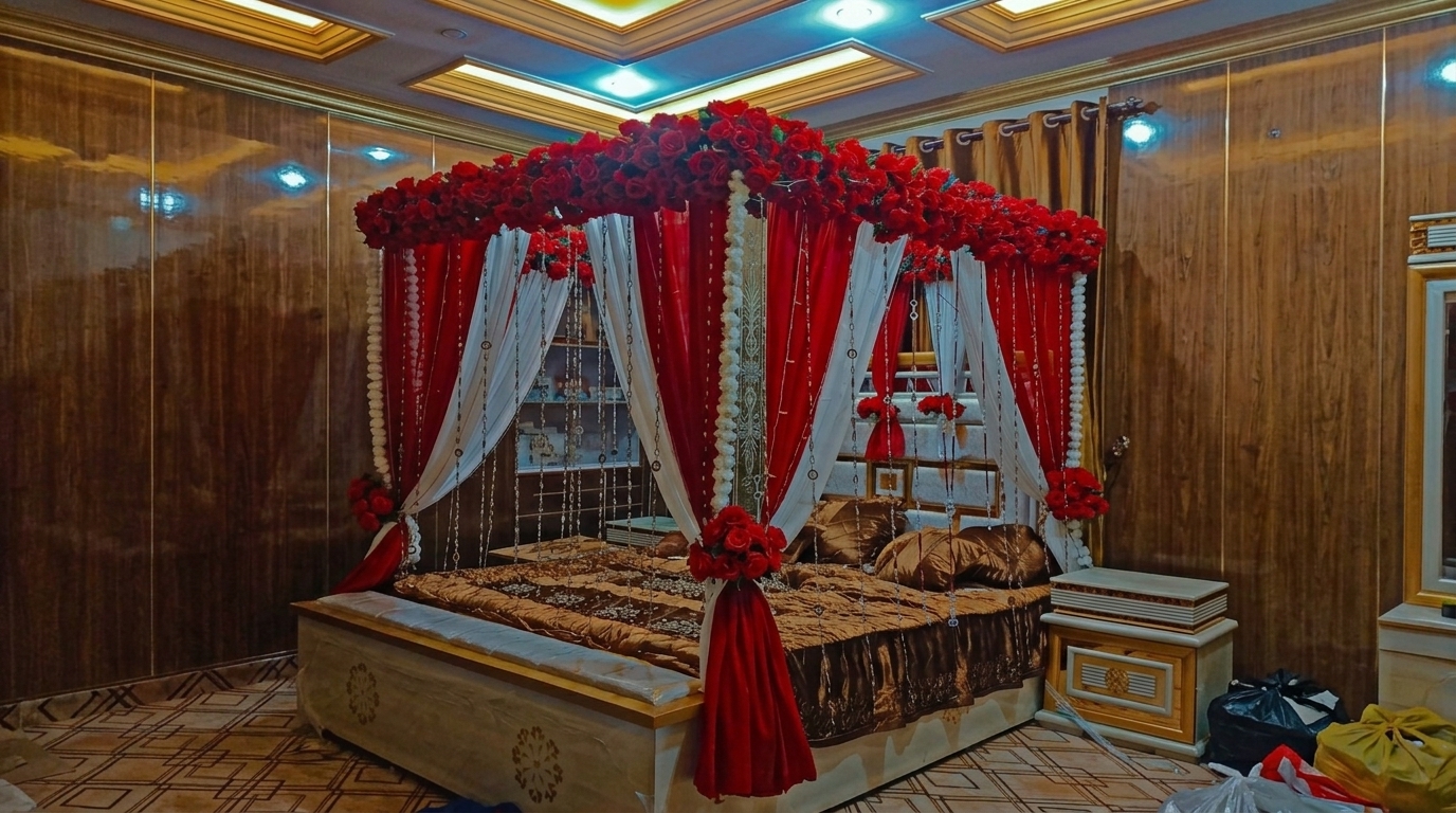 Premium Artificial Red Rose Masehri Wedding Bed Decoration with Draped Canopy — Bridal Room by Aligoraya Flowers Market