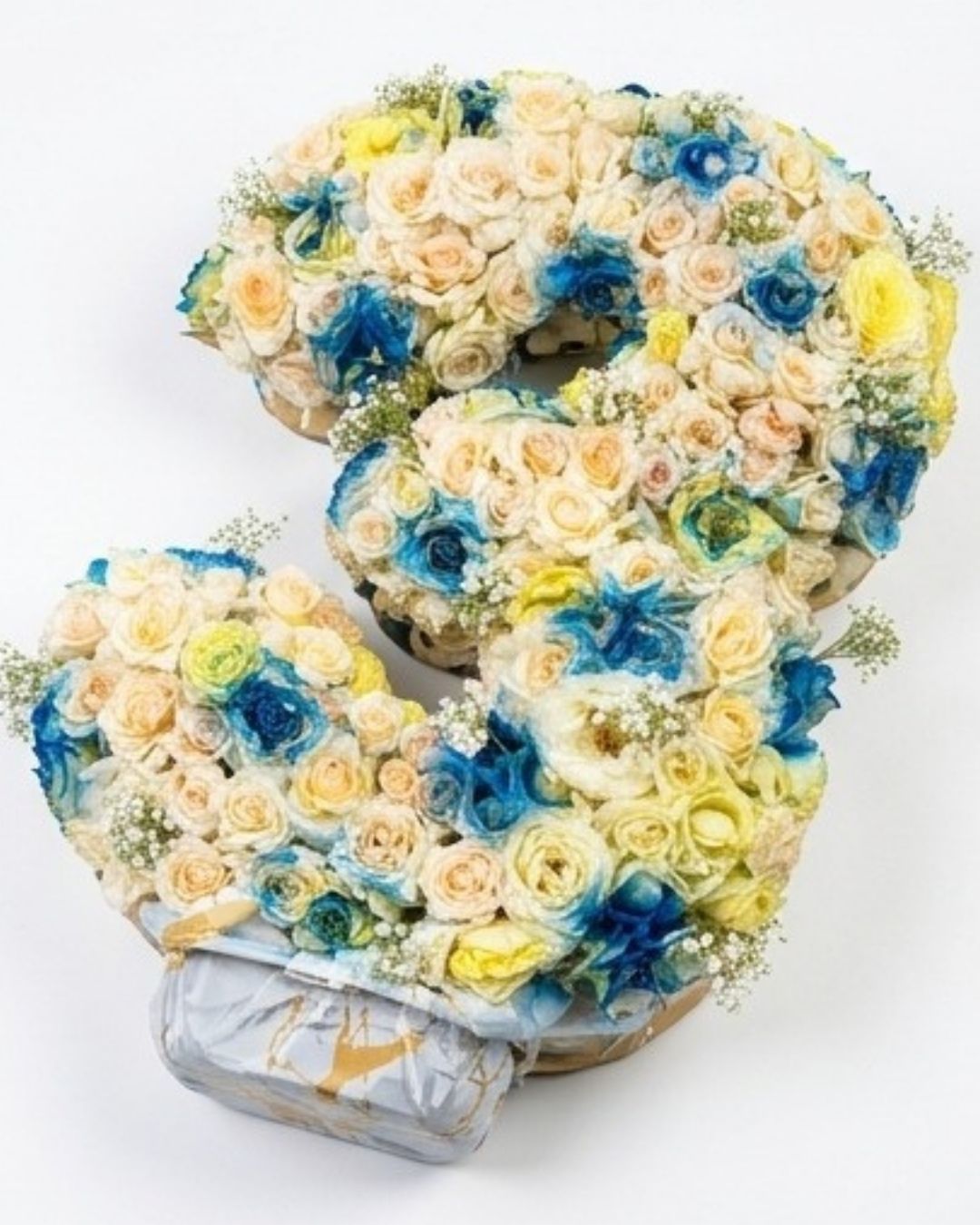 Custom Floral Number Arrangement (Number 3) with Blue & White Roses detail 3