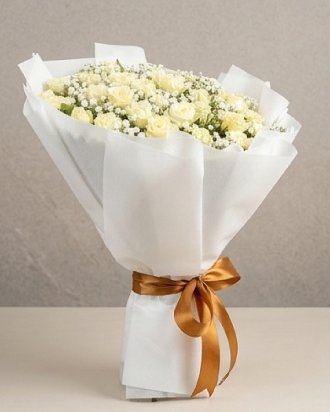 Large White Rose and Baby's Breath Floral Bouquet with Brown Ribbon detail 2