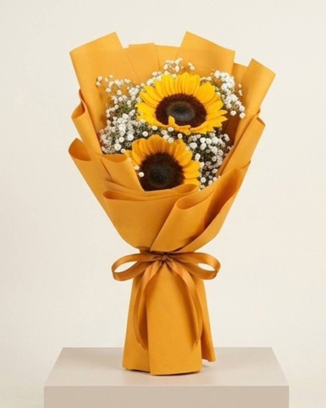 Sunflower and Baby's Breath Floral Bouquet with Mustard Yellow Wrapping — Fresh Flowers by Aligoraya Flowers Market, Lahore