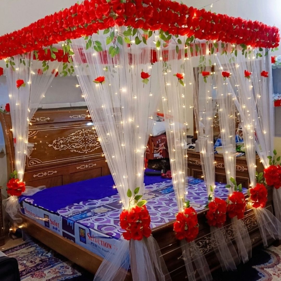 Elegant Red Rose Artificial Flower Canopy Masheri Bed Setup for Bridal Room & Wedding Decor