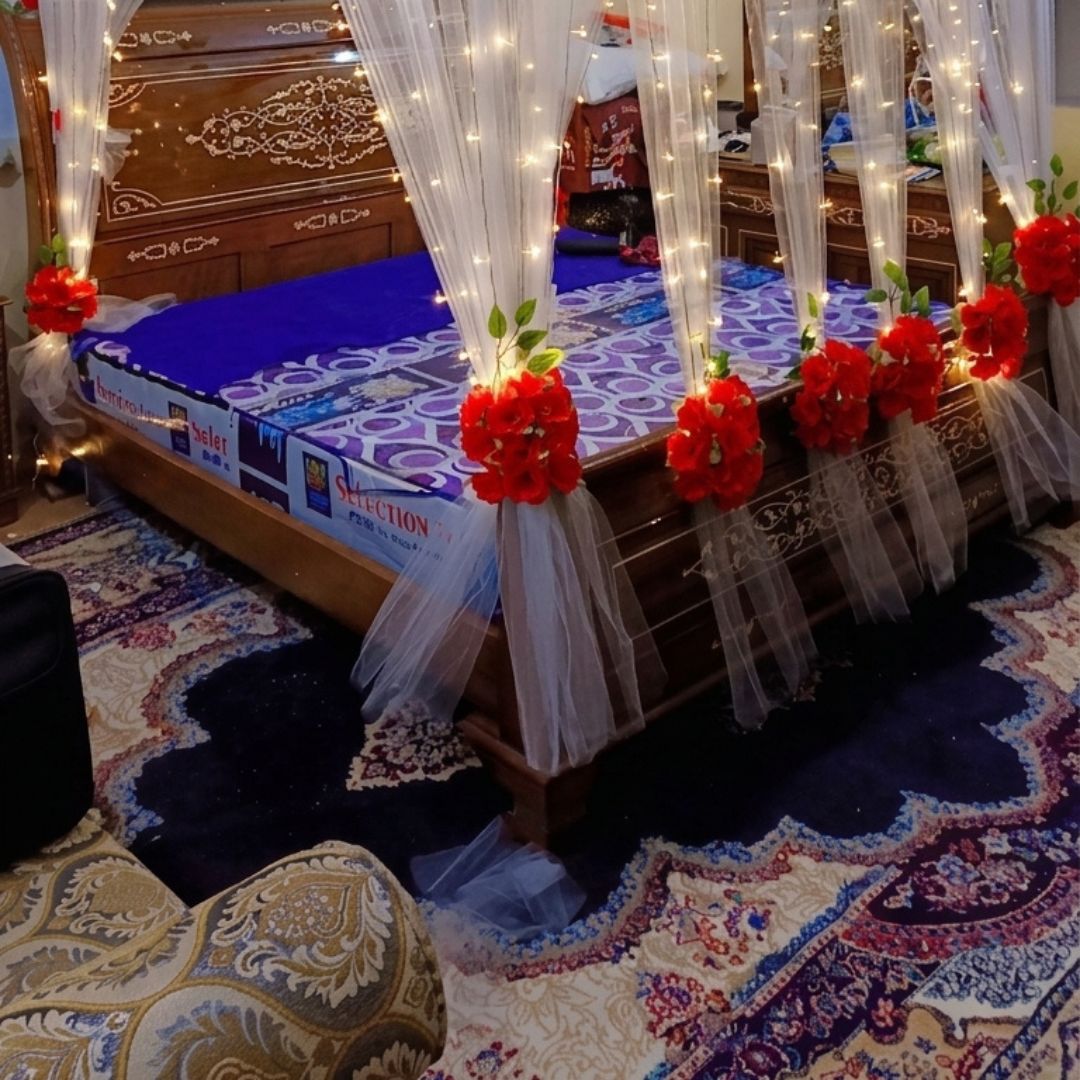 Elegant Red Rose Artificial Flower Canopy Masheri Bed Setup for Bridal Room & Wedding Decor