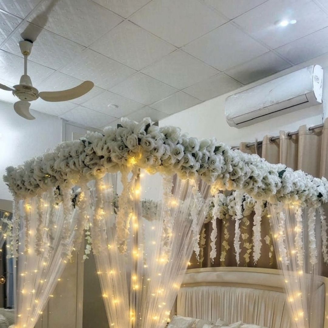 Elegant Artificial Masehri Wedding Bed Decoration with Floral Canopy & Fairy Lights