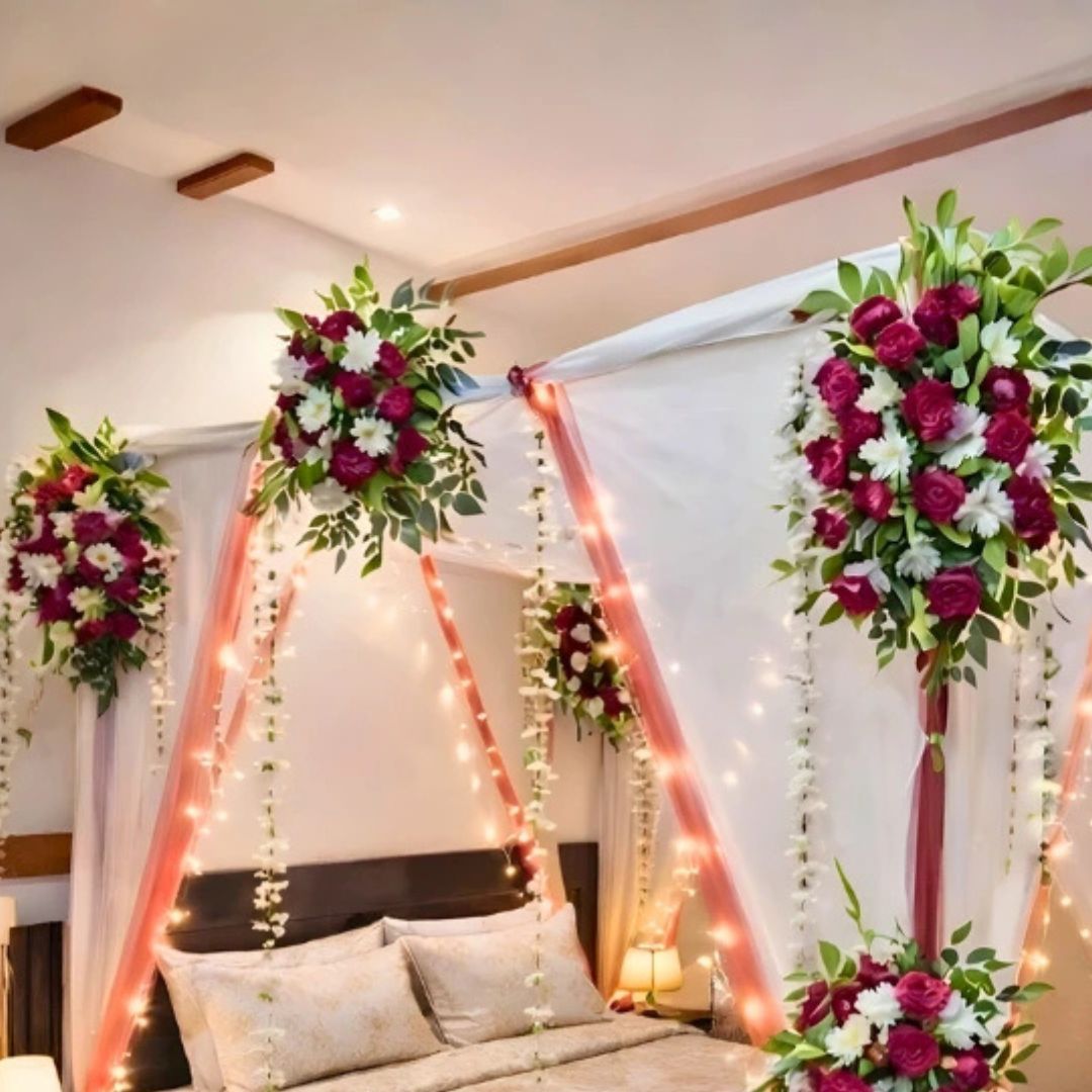 Luxury Fresh & Artificial Flower Masehri Canopy Bridal Bed Decor