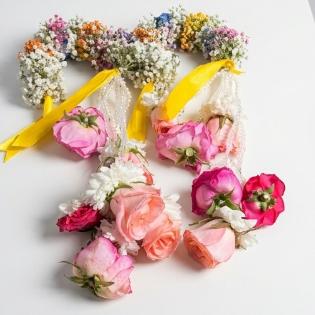Rainbow Baby’s Breath & Rose Floral Gajra detail 3