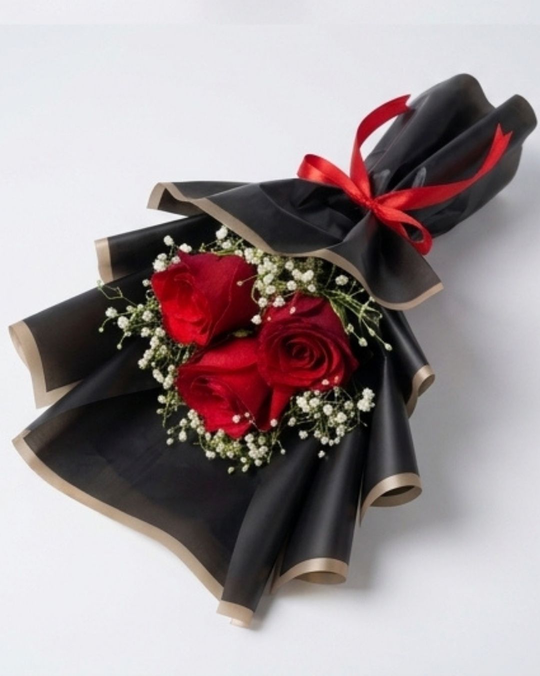 Trio of Love 3 Red Rose Minimalist Bouquet detail 3