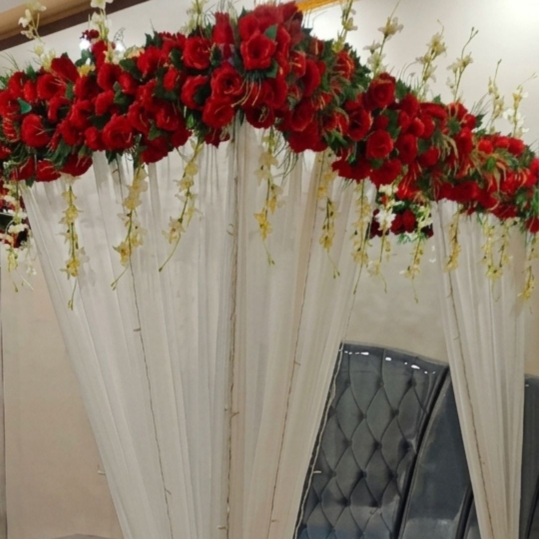 Premium Artificial Red Rose Masehri Wedding Bed Decoration with Elegant Draped Canopy