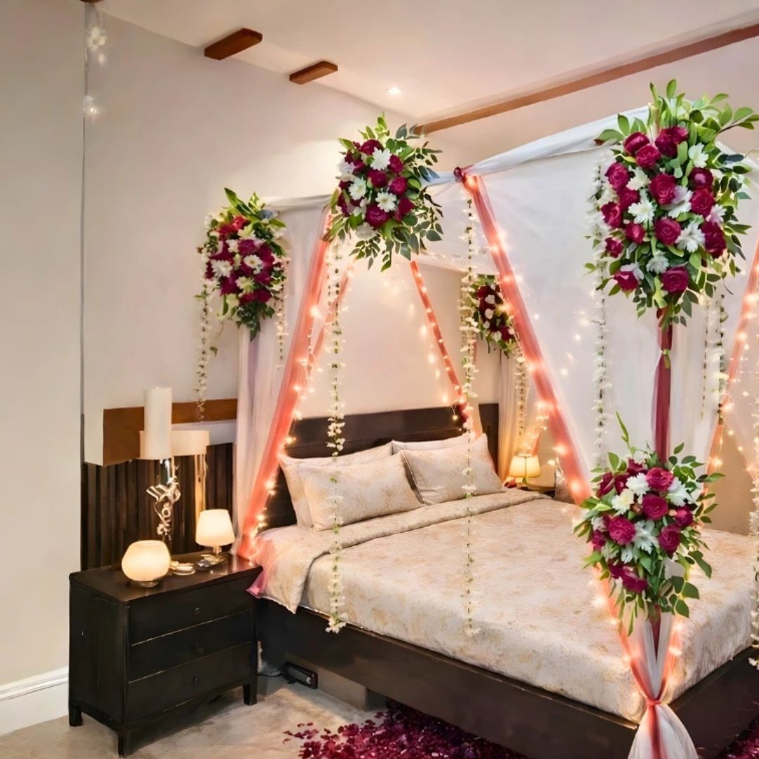 Luxury Fresh & Artificial Flower Masehri Canopy Bridal Bed Decor