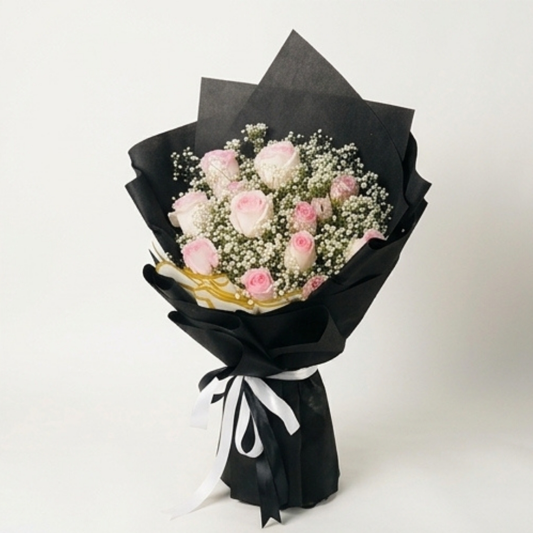 Midnight Elegance Pink Rose & Baby’s Breath Bouquet detail 2