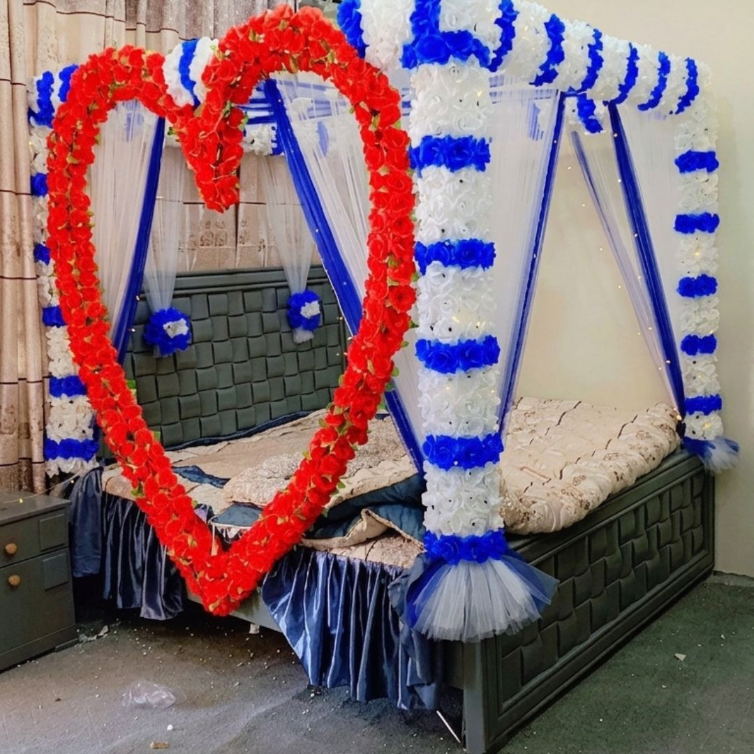 Royal Red, White & Blue Artificial Flower Canopy Masheri Bed Setup for Wedding & Bridal Room