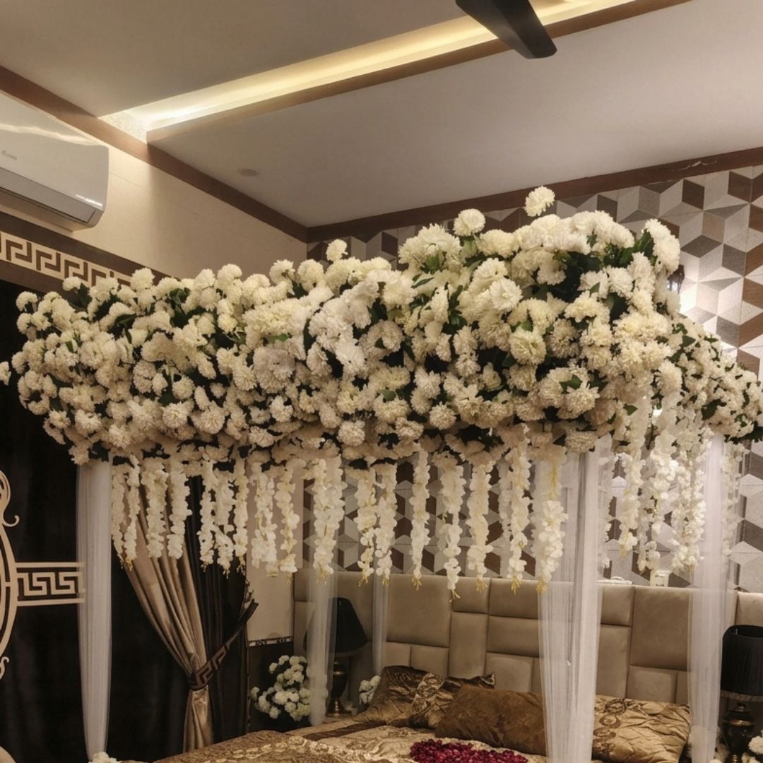 Premium Artificial White Flower Canopy Wedding Bed Decoration