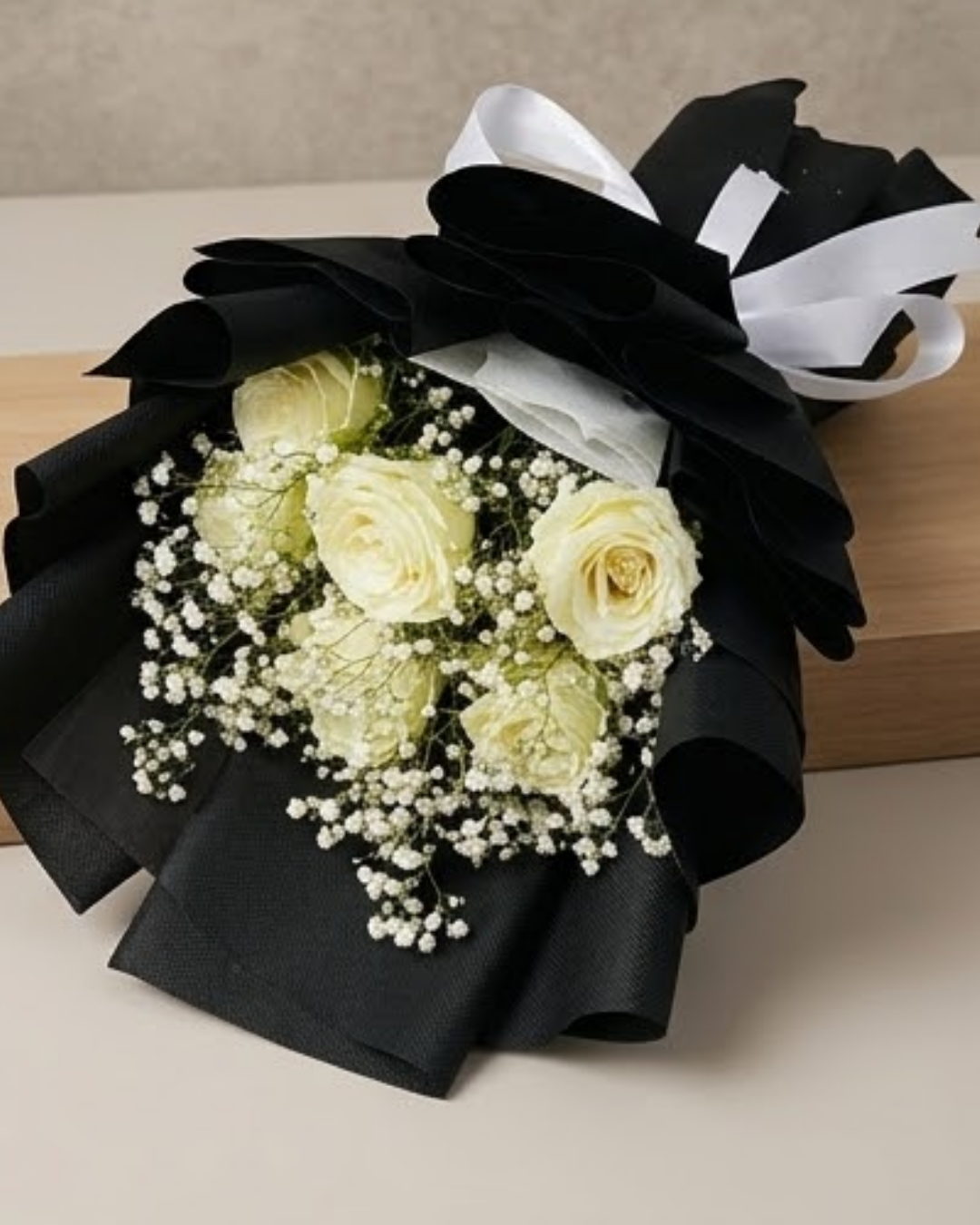 Midnight Ivory White Rose & Baby's Breath Luxury Bouquet detail 4