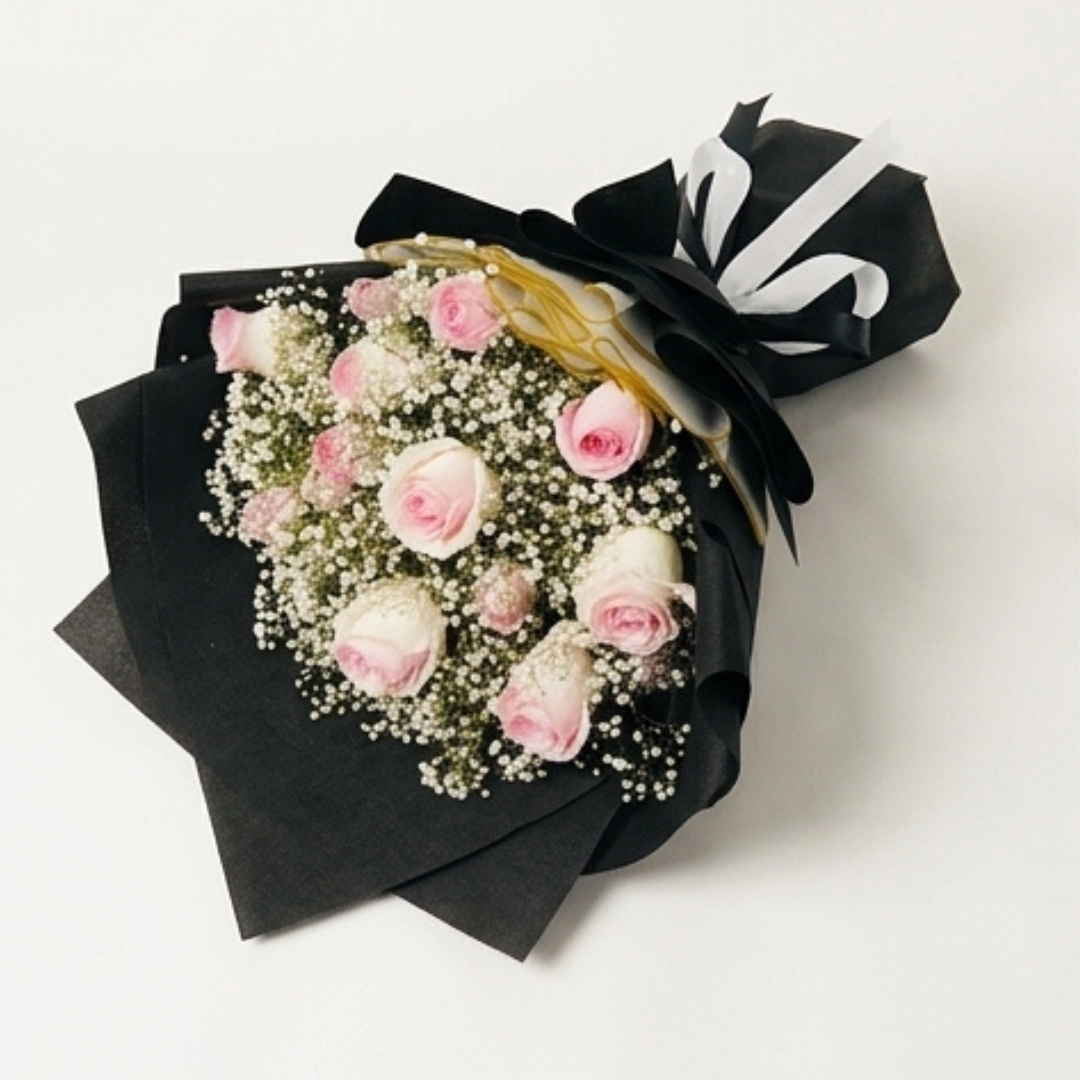 Midnight Elegance Pink Rose & Baby’s Breath Bouquet detail 3