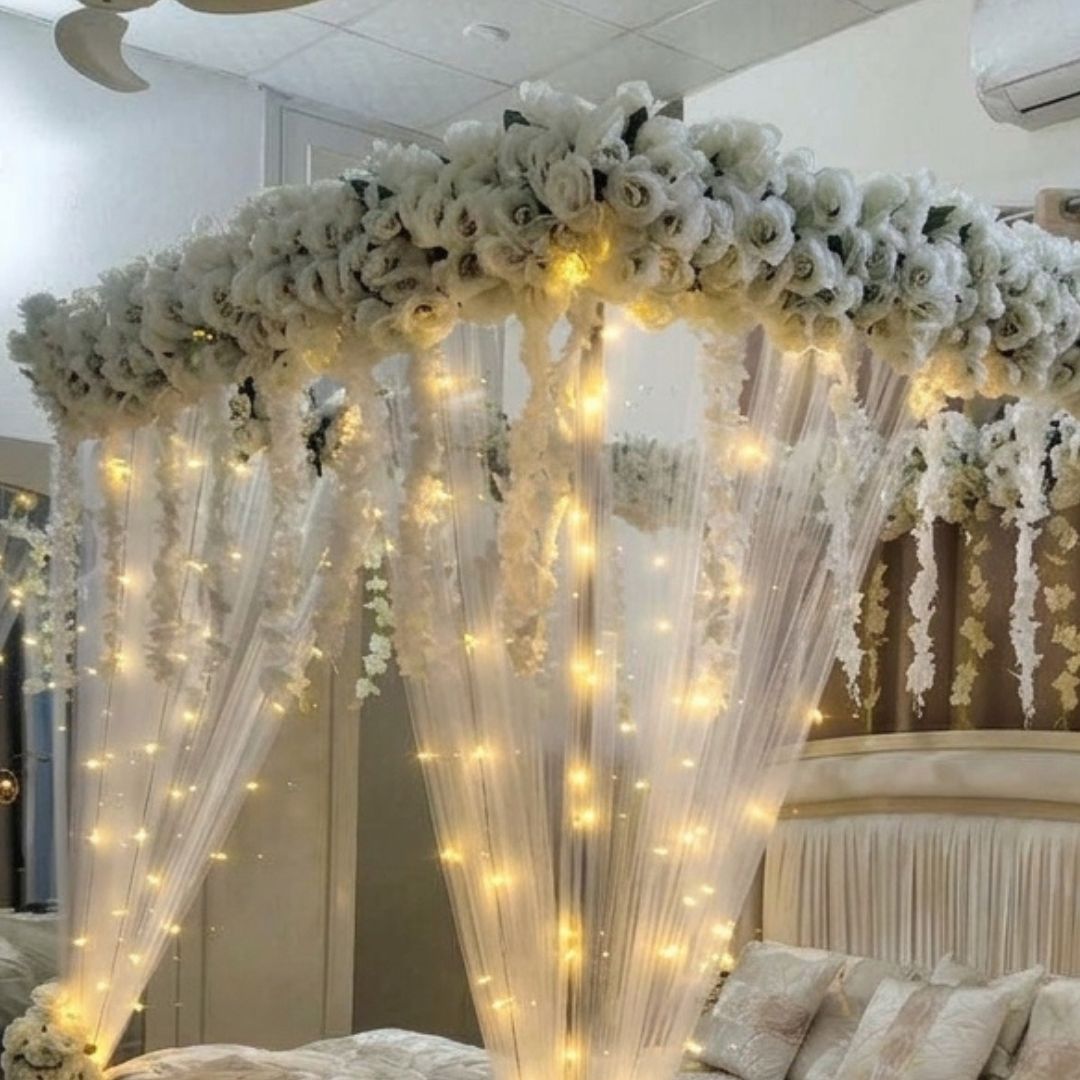 Elegant Artificial Masehri Wedding Bed Decoration with Floral Canopy & Fairy Lights