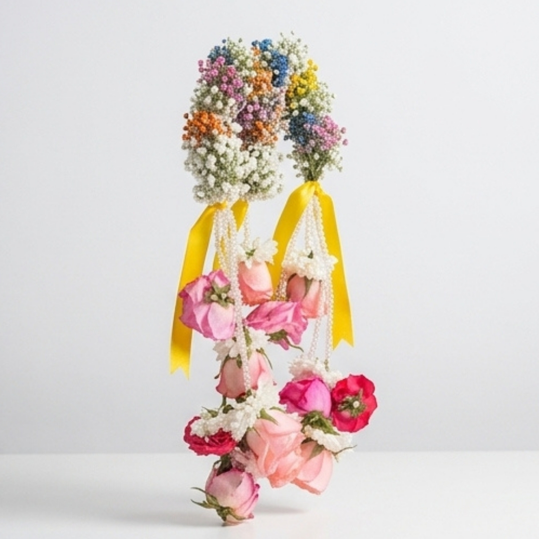 Rainbow Baby’s Breath & Rose Floral Gajra detail 2