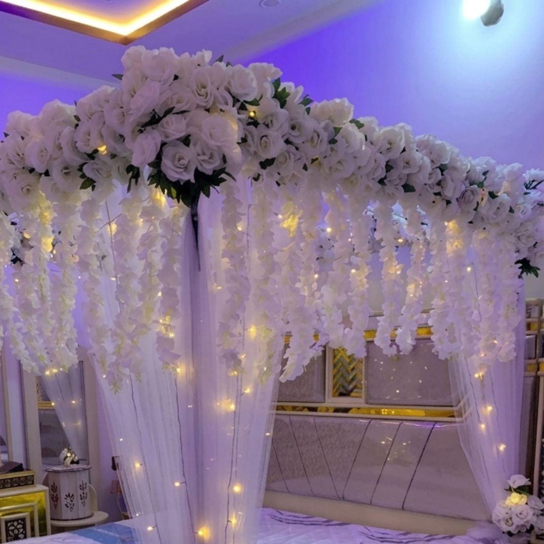 Luxury Artificial Floral Masehri & Bridal Room Setup | White Roses & Fairy Lights