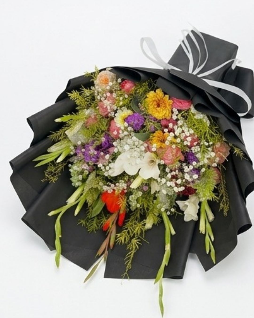 Vibrant Rainbow Mixed Bouquet in Black Wrap detail 3