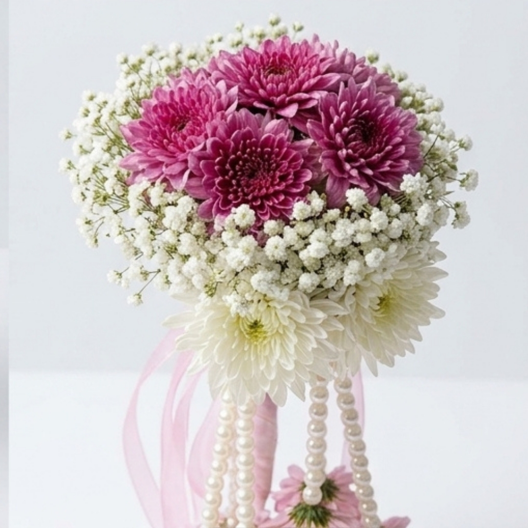 : Royal Magenta & Pearl Cascading Floral Gajra detail 4