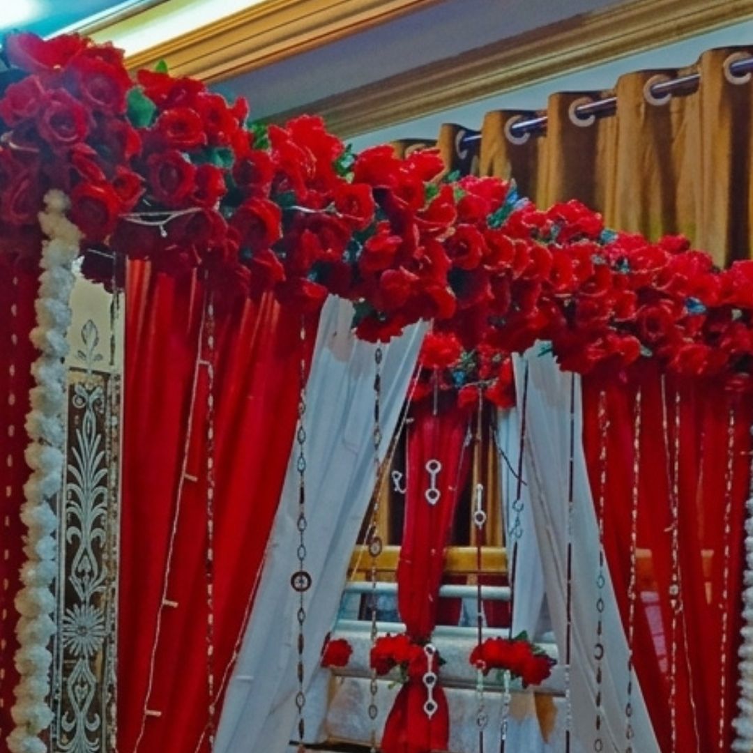 Premium Artificial Red Rose Masehri Wedding Bed Decoration with Draped Canopy