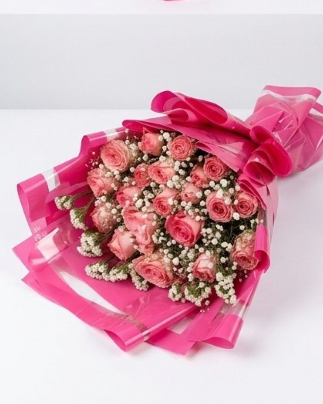 Vivid Hot Pink Wrap Pink Rose Bouquet detail 4