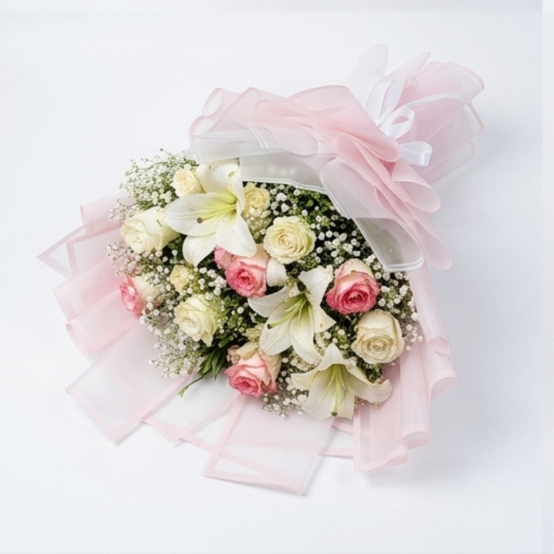 Serenade Pink & White Rose & Lily Bouquet detail 3