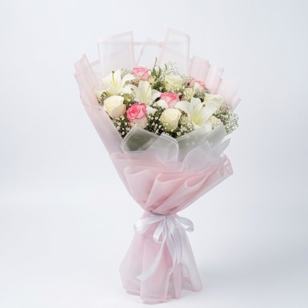 Serenade Pink & White Rose & Lily Bouquet detail 2