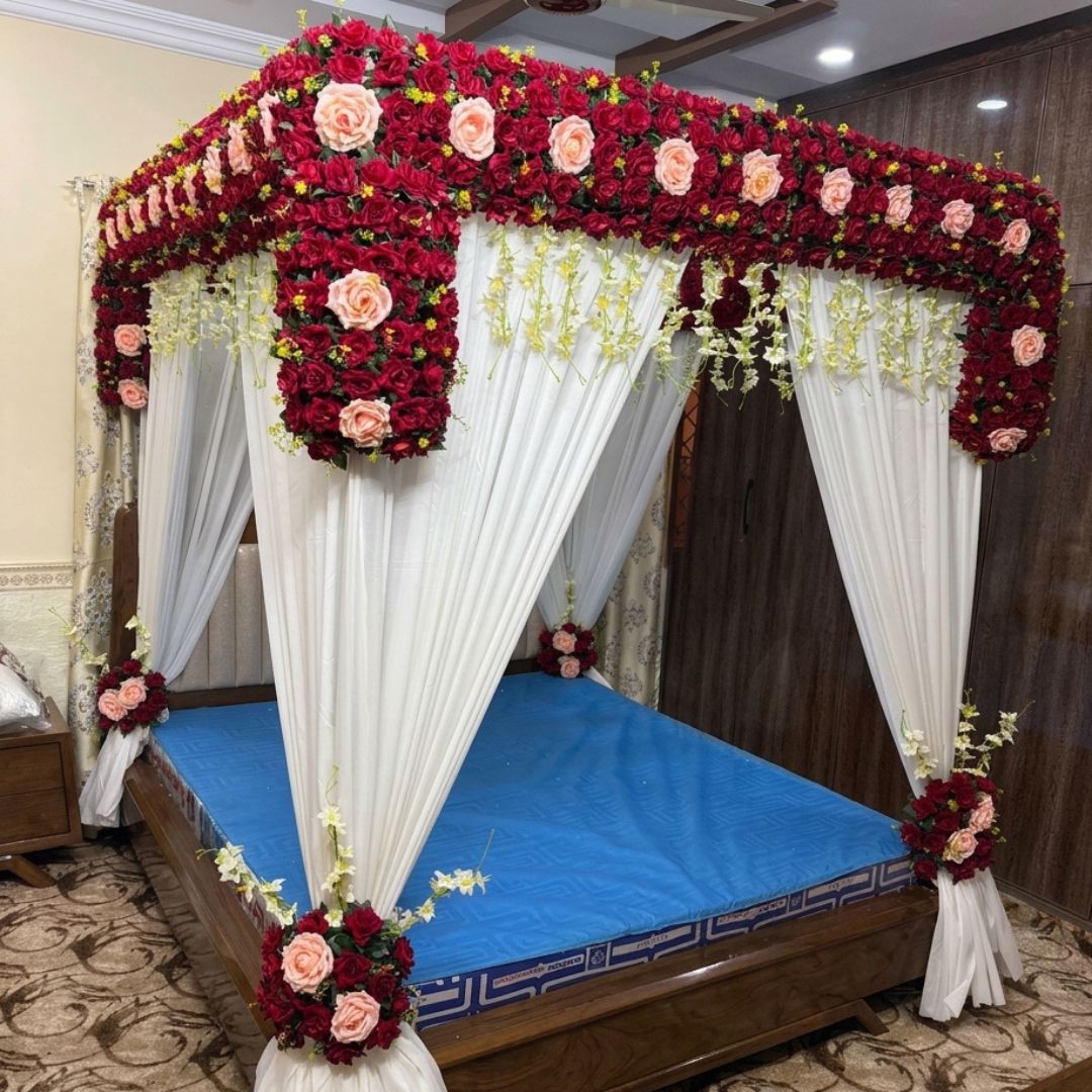 Premium Artificial Red & Peach Rose Masehri Wedding Bed Decoration with Draped Canopy