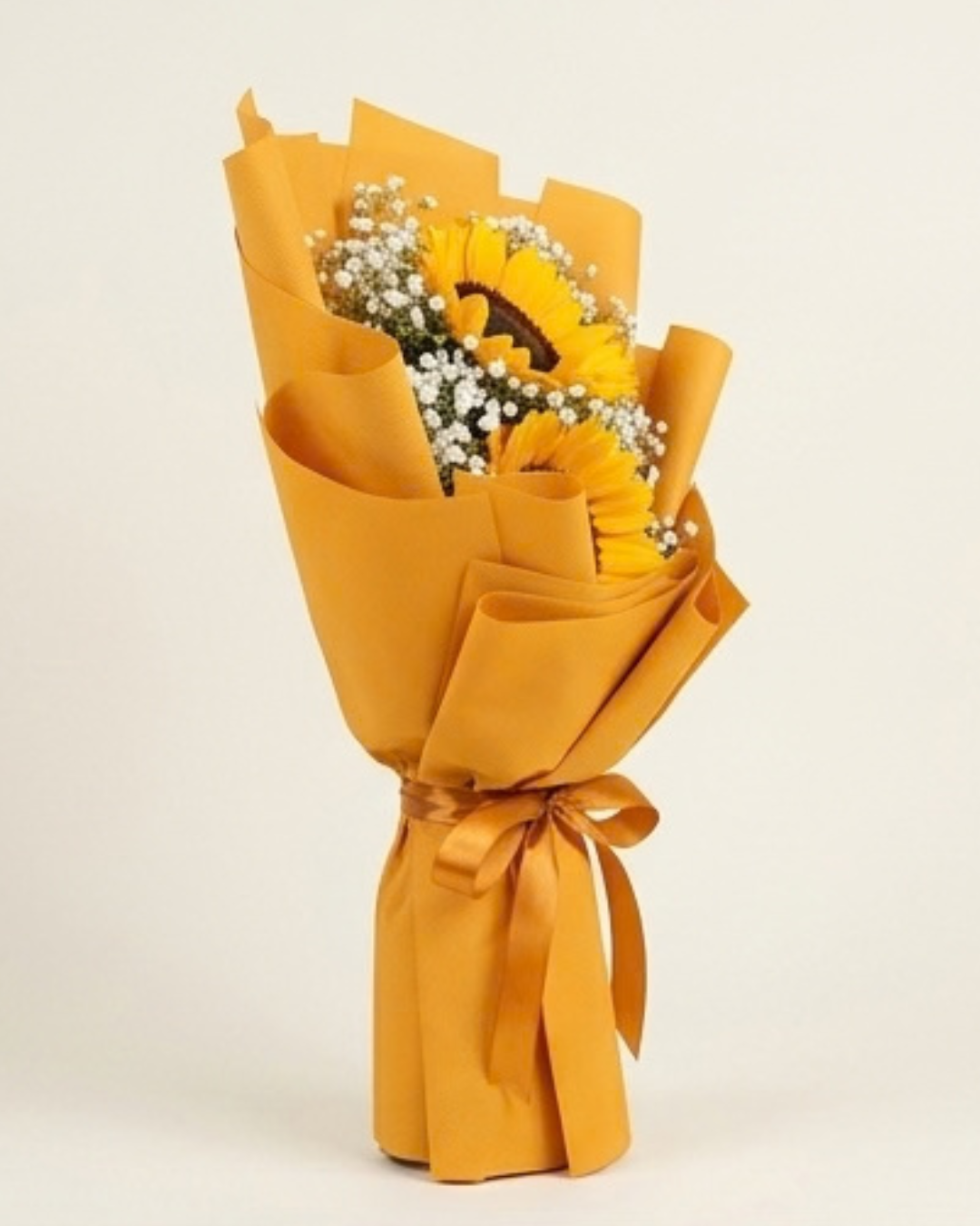 Sunflower and Baby's Breath Floral Bouquet with Mustard Yellow Wrapping detail 2