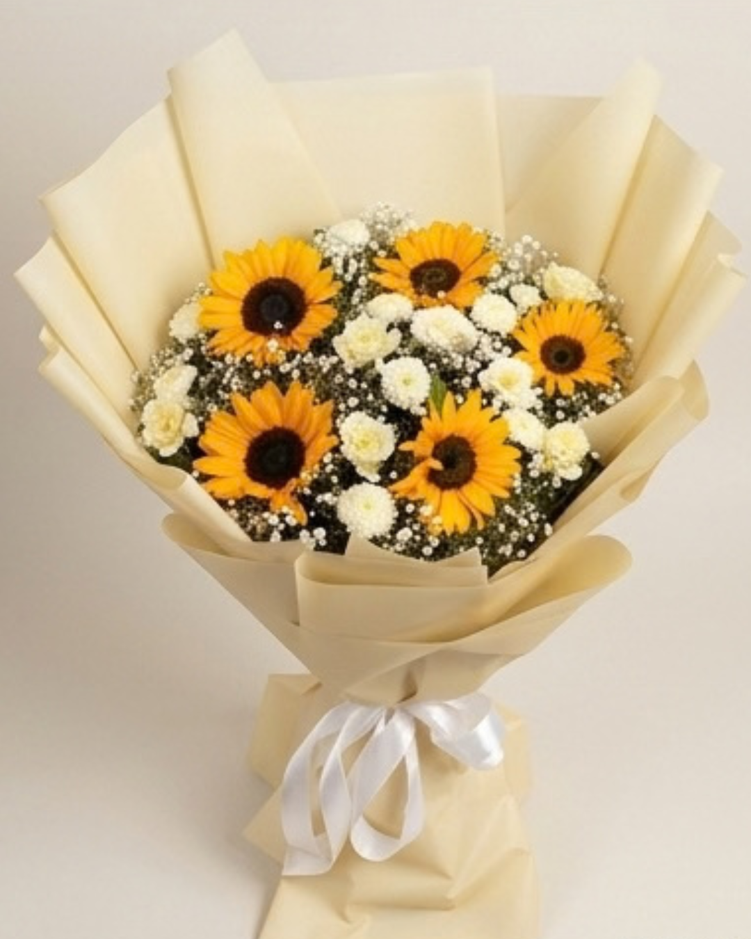 Sunflower, White Chrysanthemum, and Baby's Breath Floral Bouquet with Beige Wrapping detail 3