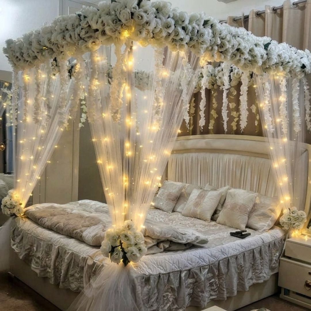 Elegant Artificial Masehri Wedding Bed Decoration with Floral Canopy & Fairy Lights