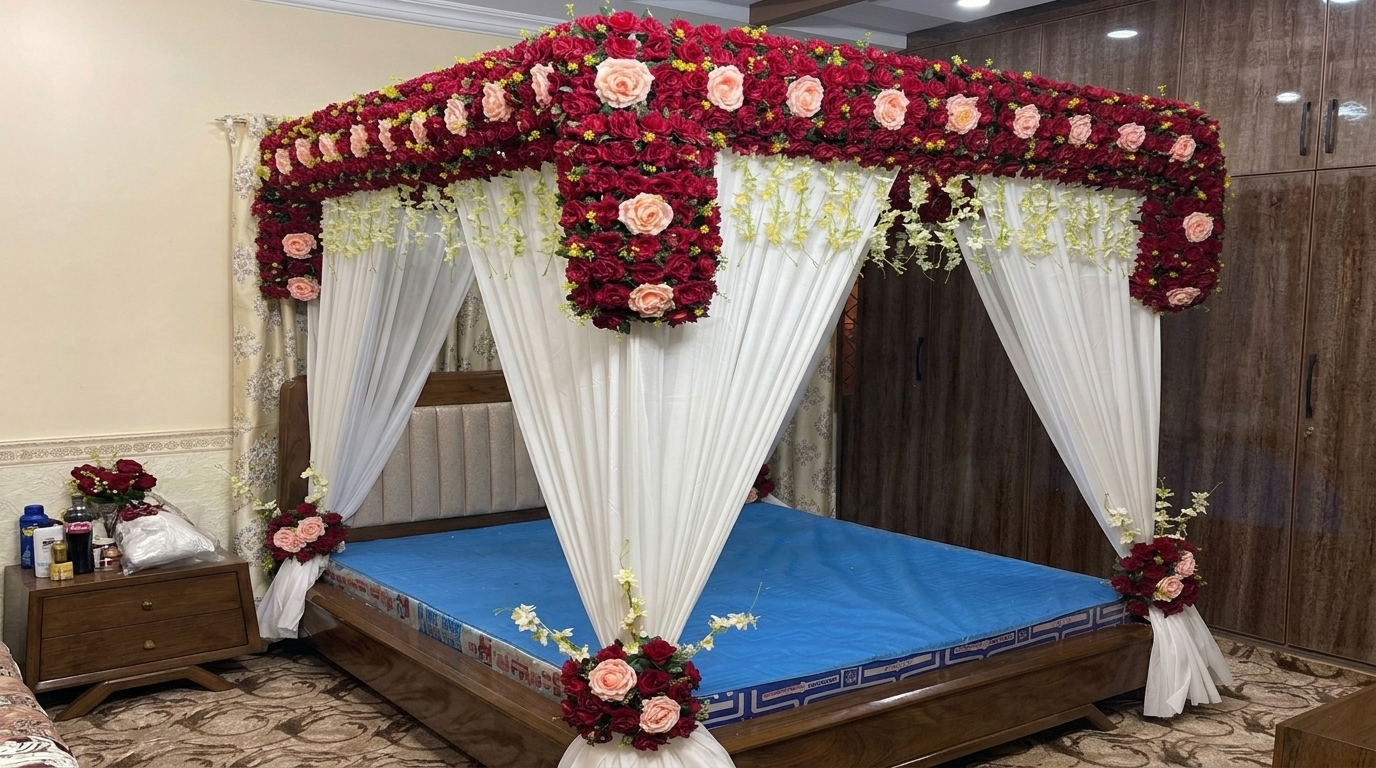 Premium Artificial Red & Peach Rose Masehri Wedding Bed Decoration with Draped Canopy — Bridal Room by Aligoraya Flowers Market