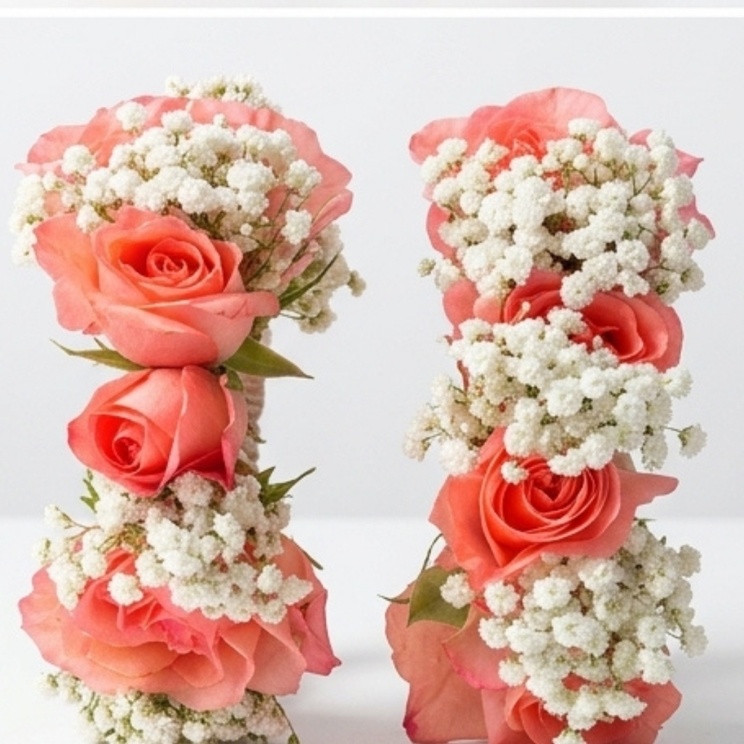 Coral Peach Rose & Baby’s Breath Floral Bracelets detail 2