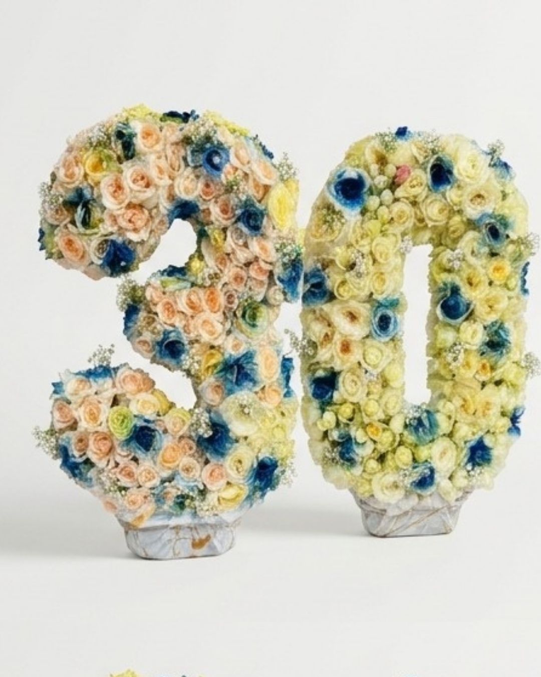 Custom Floral Number Arrangement (Number 30) with Blue & White Roses detail 2