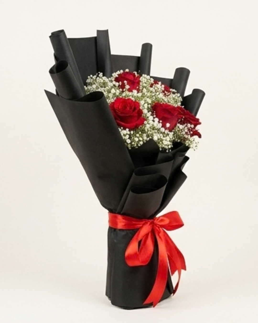 Compact Red Rose and Baby's Breath Floral Bouquet with Black Wrapping and Red Ribbon detail 2